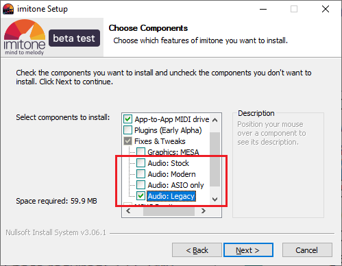 A picture of imitone's installer, highlighting the "Audio" options in the "Choose Components" screen.