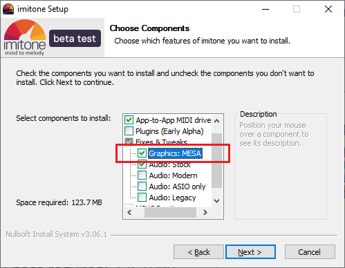 Our installer's Choose Components screen.  The item called 'Graphics: MESA' is highlighted.